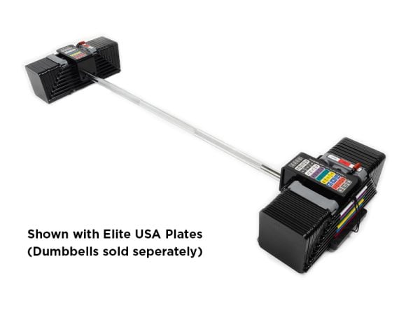 Shown with Elite USA plates, the PowerBlock Elite USA Straight Bar is adjustable from 25 to 195 lbs.