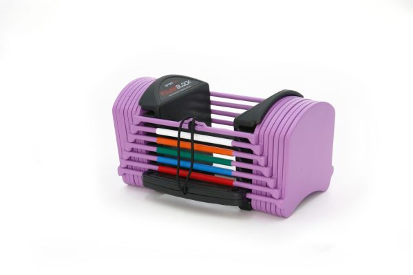 The lavender version of the PowerBlock Sport 24 adjustable dumbbell.