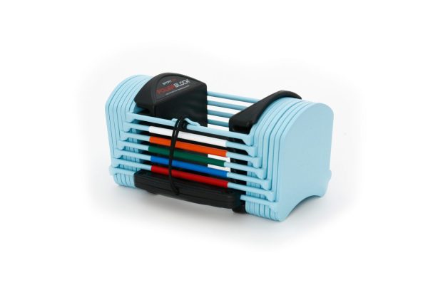 PowerBlock Sport 24 adjustable dumbbells, with 3 lb. weight increments, shown in light blue.