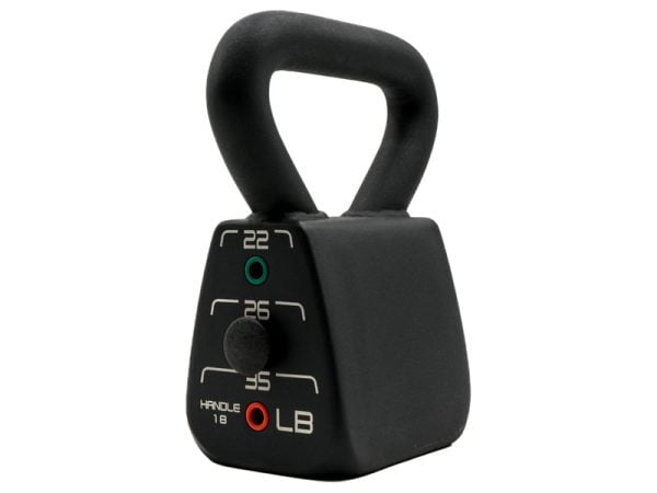 powerblock adjustable kettlebell product photo showing weight range options of 18, 22, 26, and 35 pound options