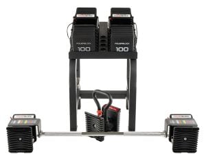 complete set of PowerBlock Pro 100 bundle with kettlebell and barbell on stand