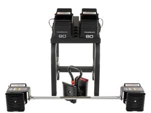 A pair of PowerBlock 80 pound adjustable dumbbells bundled with kettlebell and barbell on stand
