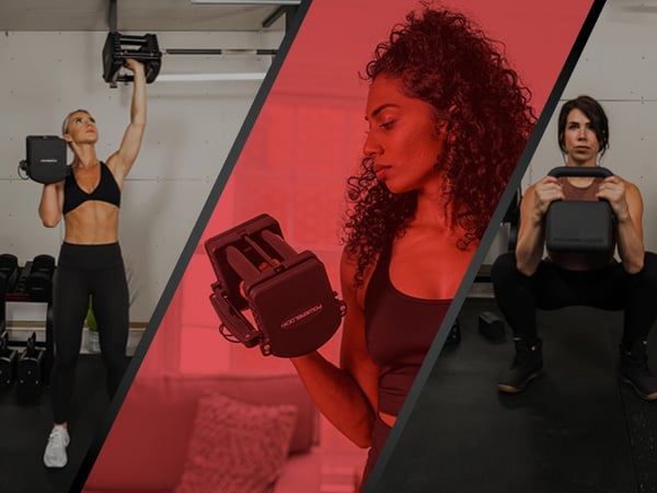 3 moms working out in home gyms with PowerBlock adjustable dumbbells